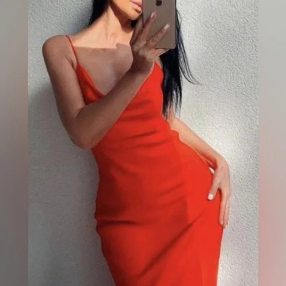 Zara bright Red Satin Effect Lingerie Style maxi Cowl Neck Dress - Picture 3 of 13